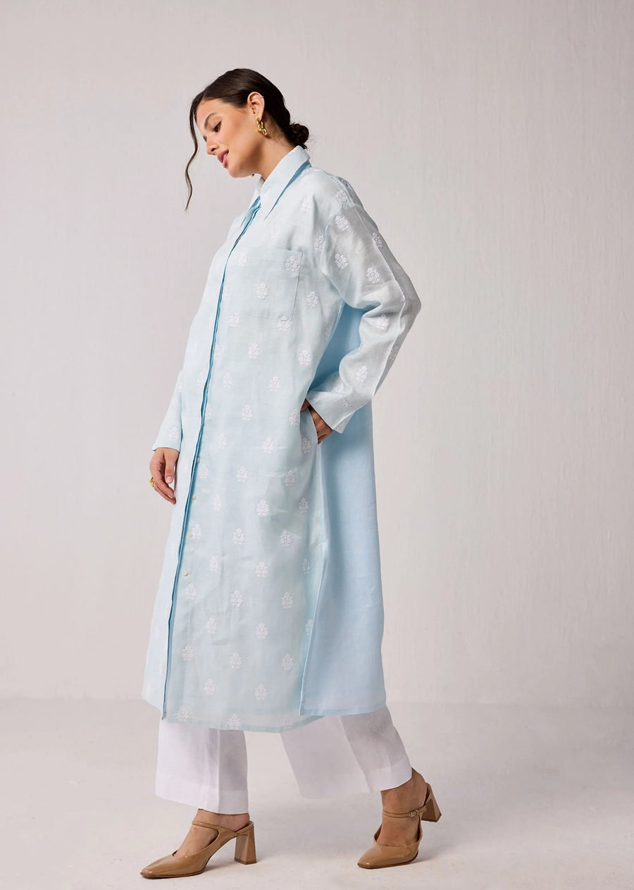 Oversized Hemp Shirt Dress In Light Blue With White Embroidery