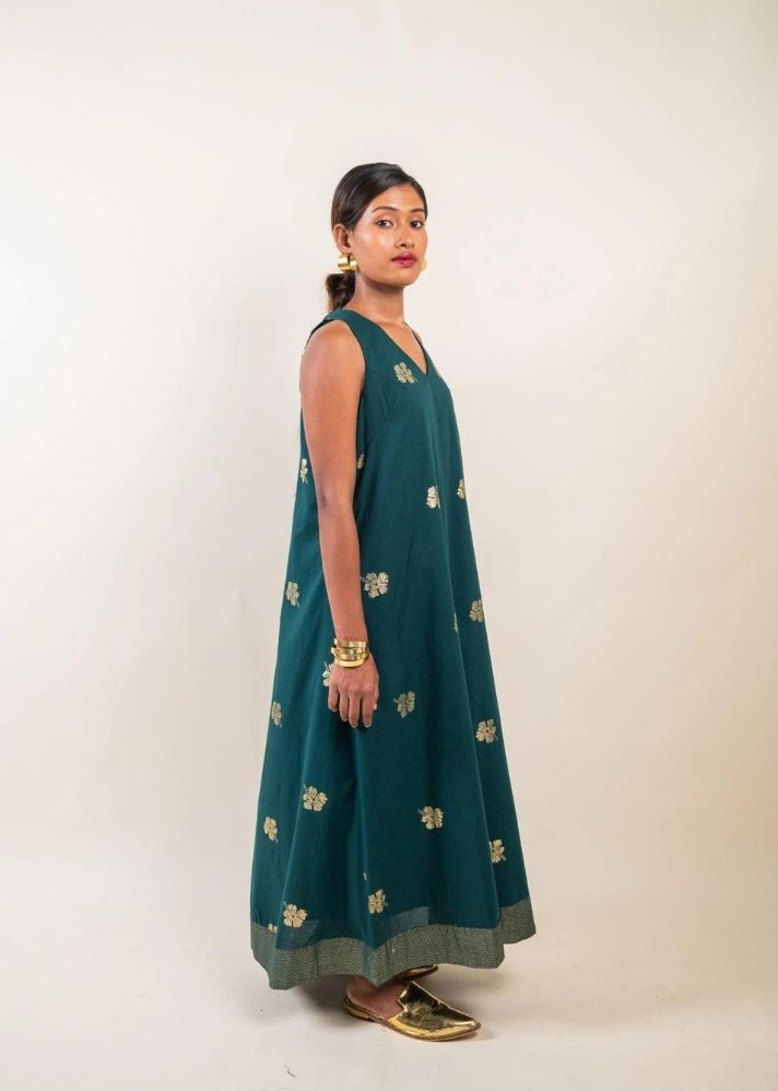 A Model Wearing Green Pure Cotton Swaraa Dress, curated by Only Ethikal