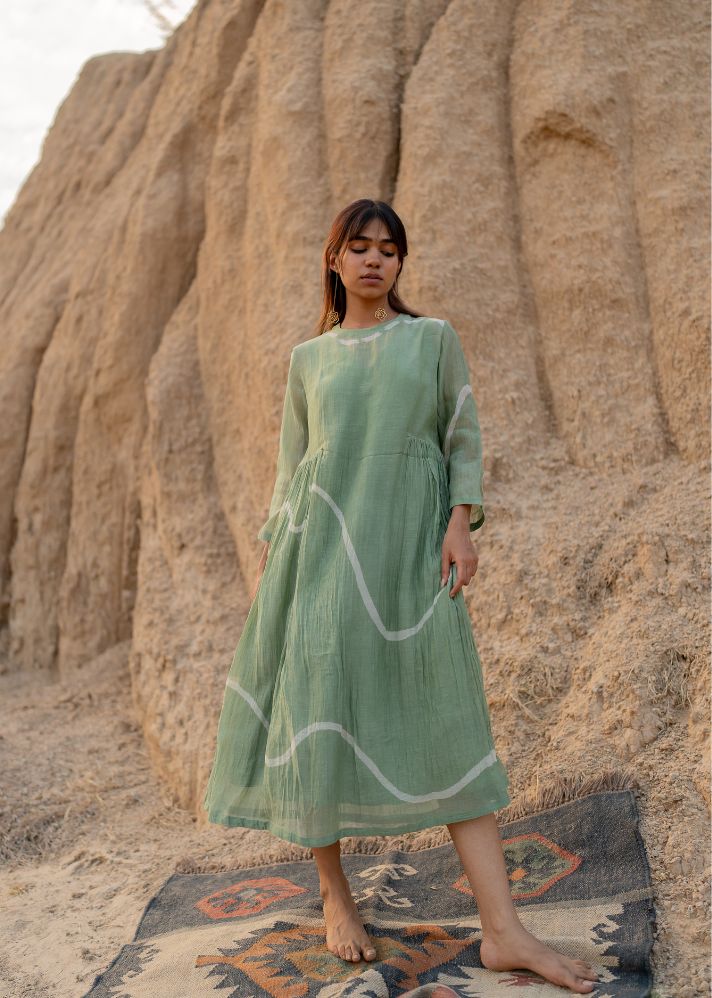 A Model Wearing Green Chanderi Cotton Pastel Green Kara Dress, curated by Only Ethikal