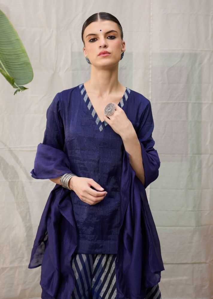 A Model Wearing Blue  Chanderi Cotton Blue Amala Kurta Top, curated by Only Ethikal