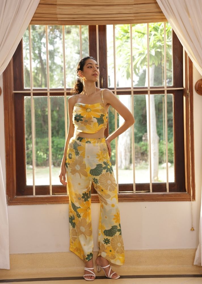 A Model Wearing Multicolor Vegan Silk Calla Pants- Mosaic Yellow Print, curated by Only Ethikal