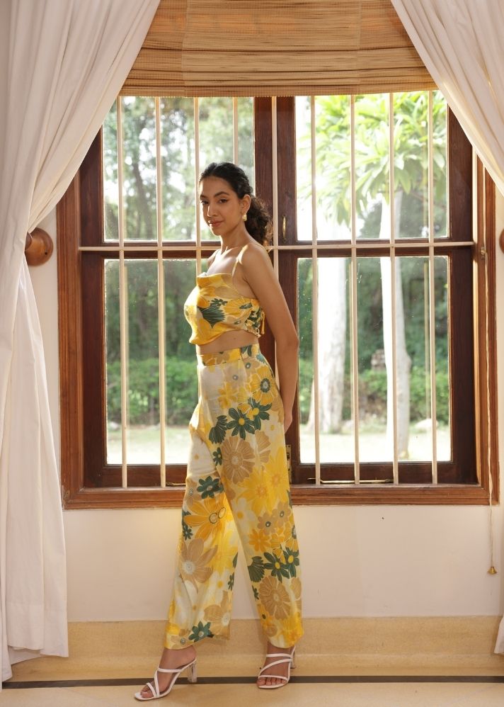 A Model Wearing Multicolor Vegan Silk Calla Pants- Mosaic Yellow Print, curated by Only Ethikal