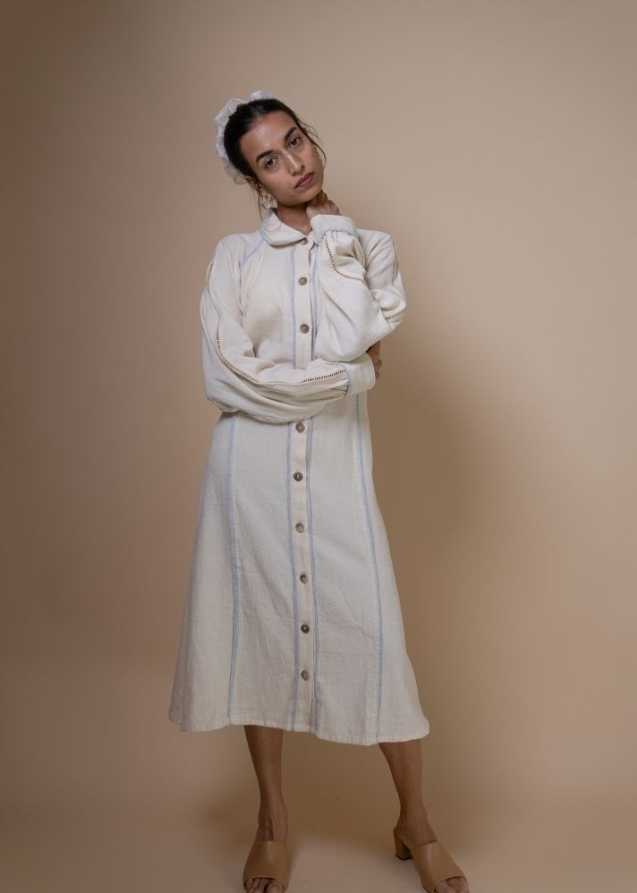 A Model Wearing White Pure Cotton Meadows Panelled Shirt Dress, curated by Only Ethikal