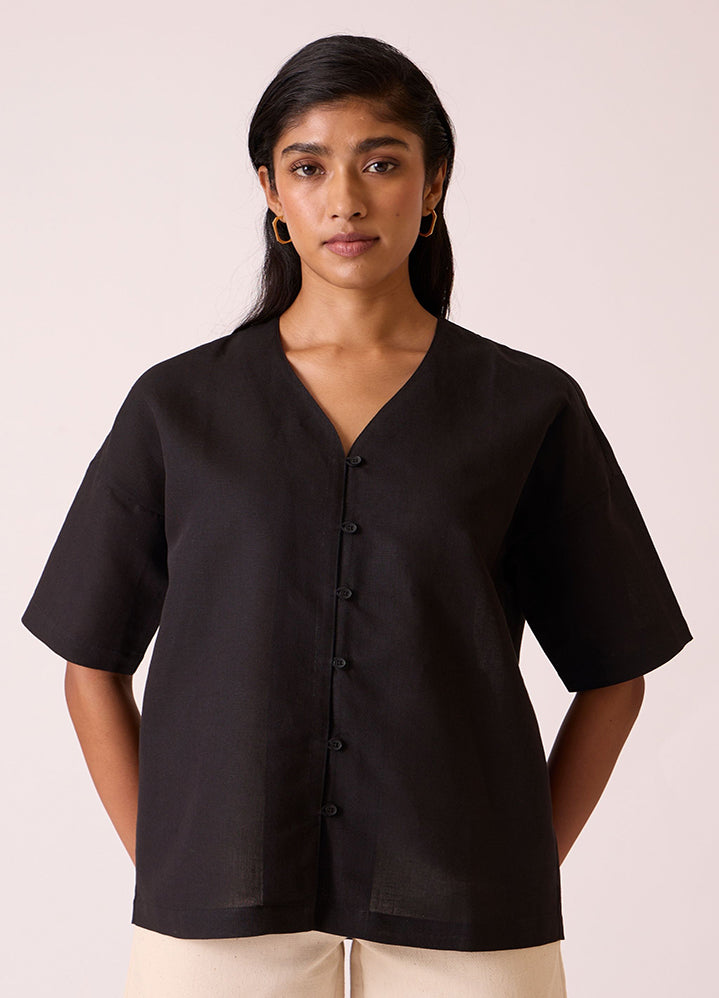 A Model Wearing Black Linen Cotton Yuko Black Linen Cotton Top , curated by Only Ethikal