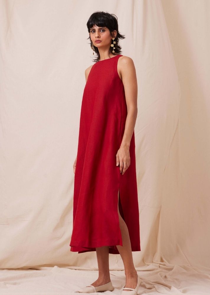 A Model Wearing   Linen Pippa Scarlet Linen Dress, curated by Only Ethikal