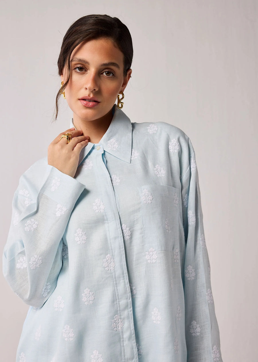 Oversized Hemp Shirt Dress In Light Blue With White Embroidery