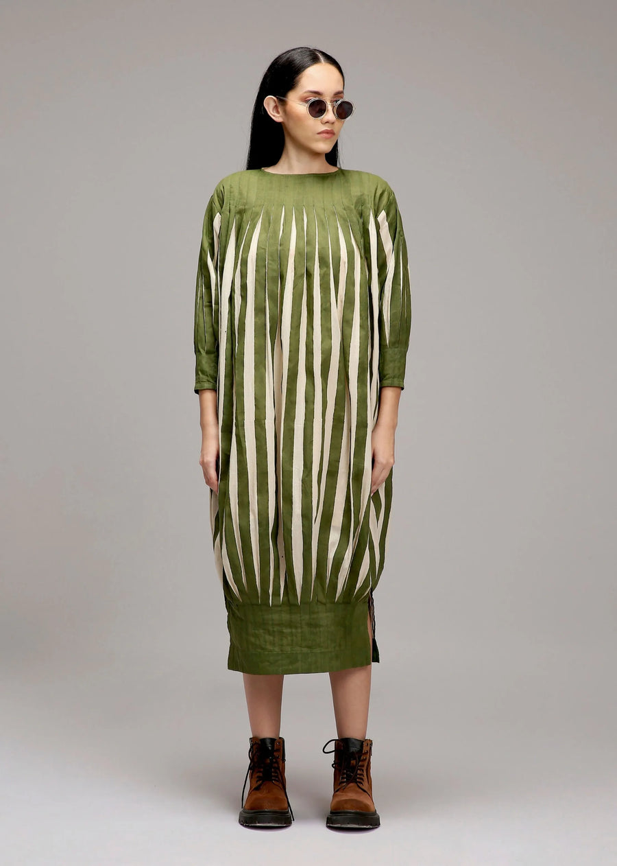 A Model Wearing Multicolor Cotton Egg-Shell Green Striped Balloon Dress, curated by Only Ethikal