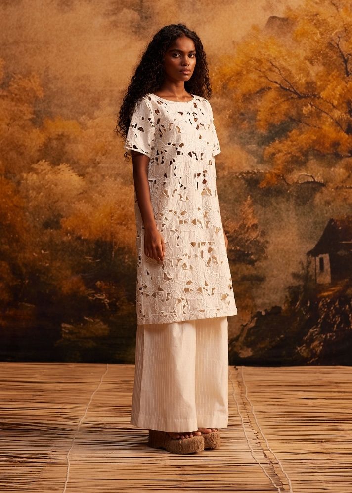 A Model Wearing White Cotton Silk Chanderi Washi Shift Maxi Dress + Slip, curated by Only Ethikal