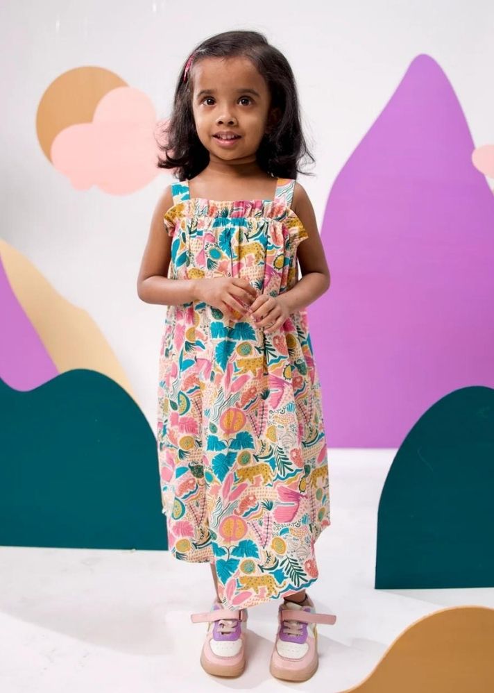 A Model Wearing Multicolor Cotton Jungle Bungle Printed Cotton Tie-Up Maxi Dress, curated by Only Ethikal