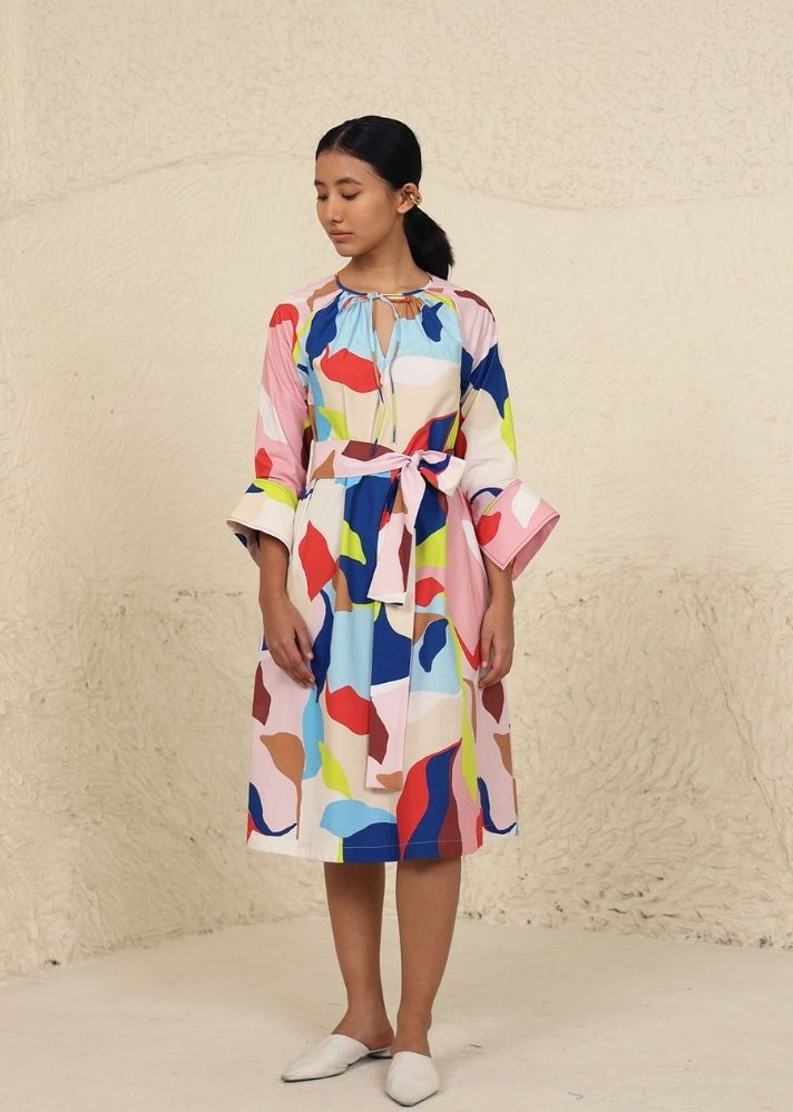A Model Wearing Multicolor Cotton Eden Multi Print Dress, curated by Only Ethikal
