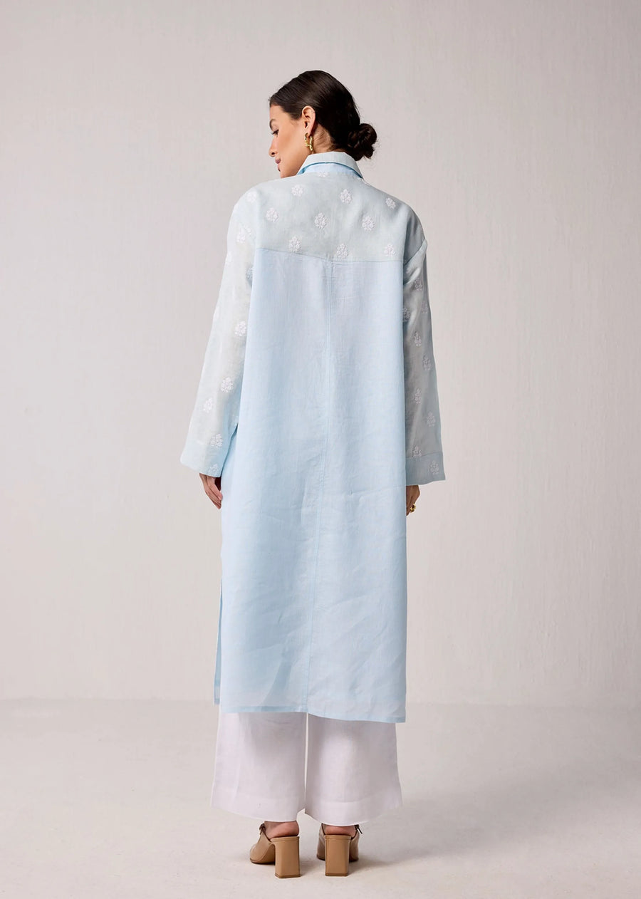 Oversized Hemp Shirt Dress In Light Blue With White Embroidery