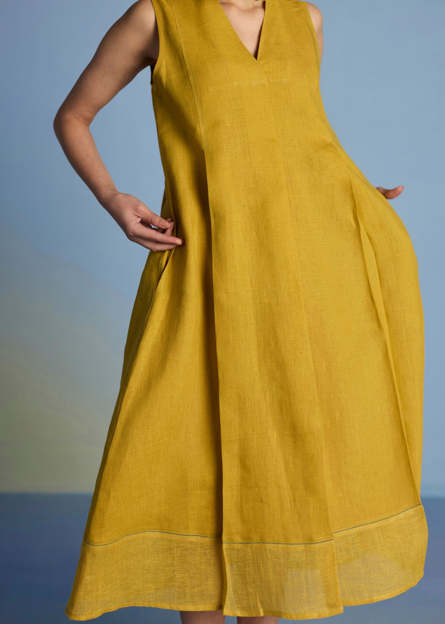 Ita Pleated Linen Dress - Ochre
