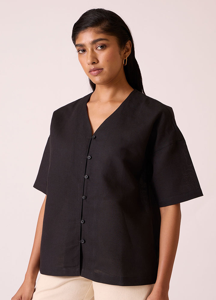 Yuko Black Linen Cotton Top