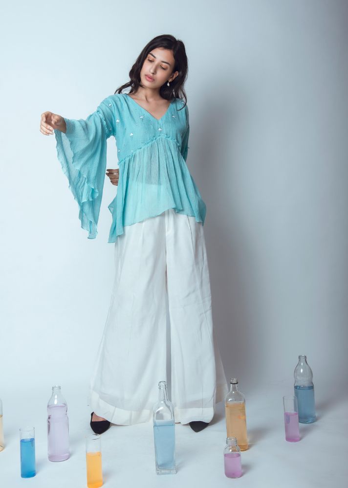 A Model Wearing Blue Handwoven Cotton Up And Away Top In Kota Slub

, curated by Only Ethikal