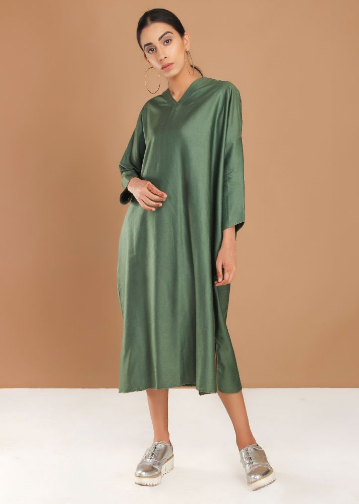 A Model Wearing Green Handloom Cotton Pale Green Drop Shoulder Dress, curated by Only Ethikal