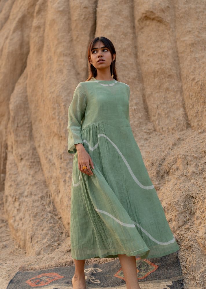 A Model Wearing Green Chanderi Cotton Pastel Green Kara Dress, curated by Only Ethikal