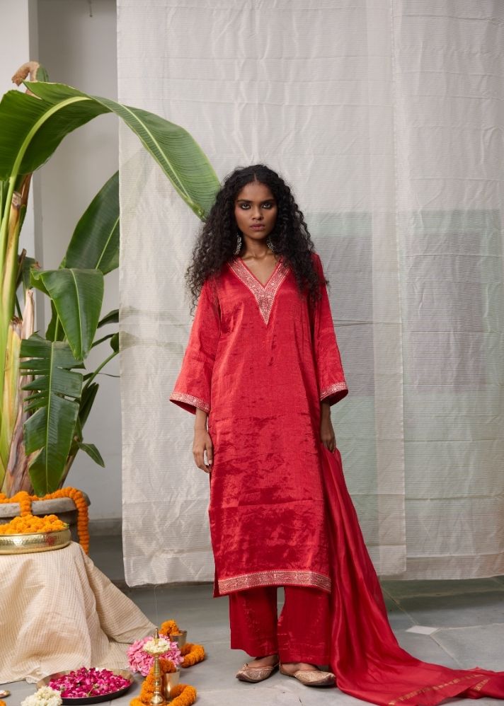 A Model Wearing Red  Chanderi Cotton Red Nyra Kurta Set Coord Set, curated by Only Ethikal