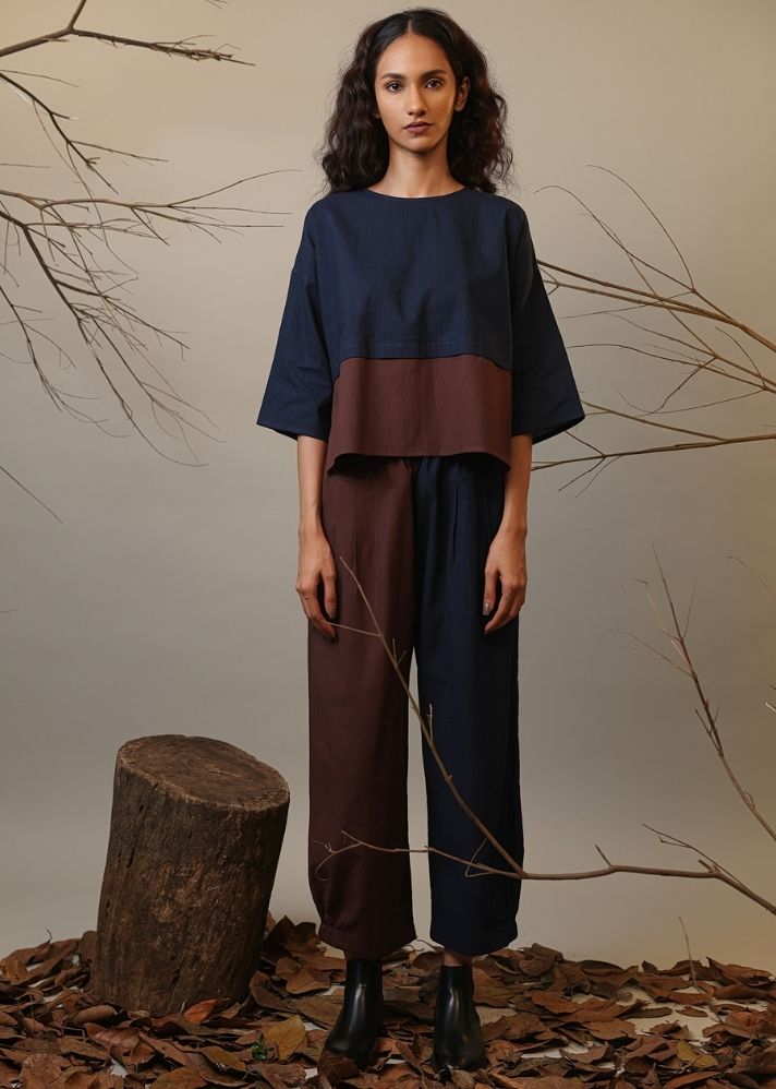 A Model Wearing Blue & Brown Pure Cotton Roots Colour Block Hera Pants, curated by Only Ethikal