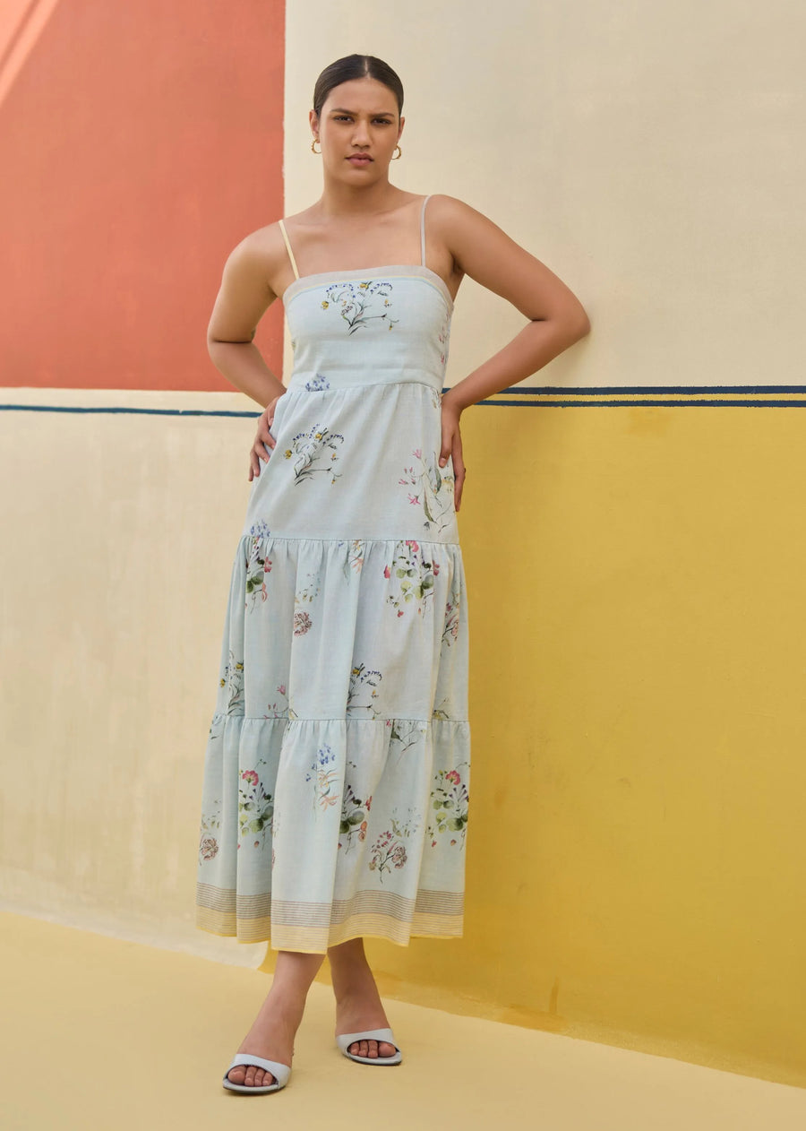 Hena Watercolour Floral Tiered Dress- Sky