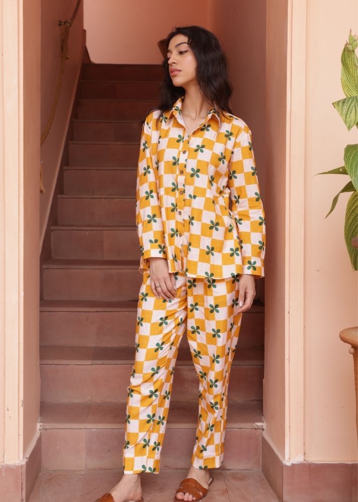A Model Wearing Multicolor Organic Cotton Palm Co-Ord Set- Mustard Checks, curated by Only Ethikal