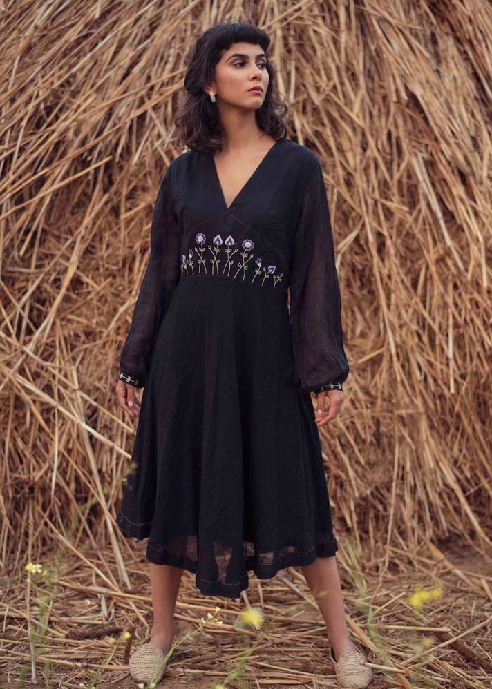 A Model Wearing Black Handwoven Cotton A Night In Paradise Dress In Kota Slub, curated by Only Ethikal