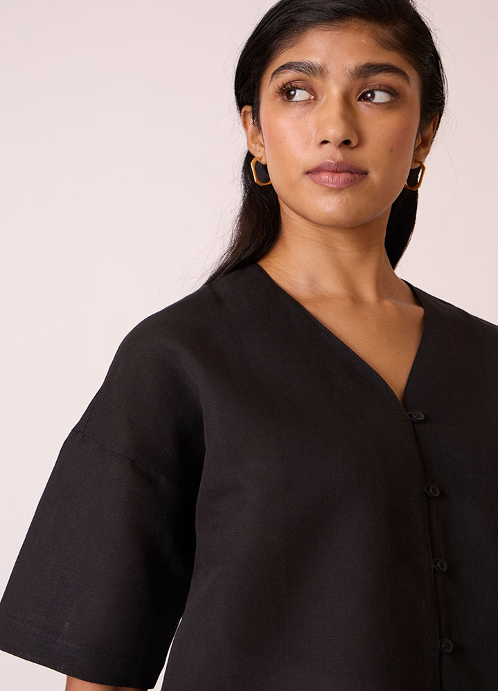 Yuko Black Linen Cotton Top