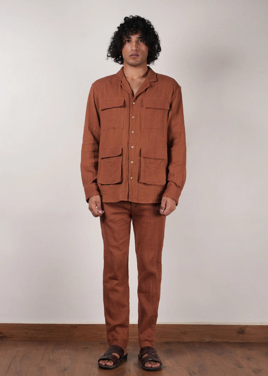 Men'S Brown Crush Cotton Pocket Shirt & Pant Set (2 Pcs)