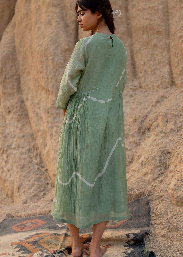 A Model Wearing Green Chanderi Cotton Pastel Green Kara Dress, curated by Only Ethikal