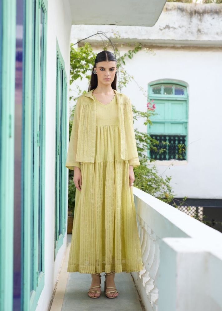 A Model Wearing Yellow  Chanderi Cotton Yellow Heer Set  Maxi Dress With Jacket, curated by Only Ethikal