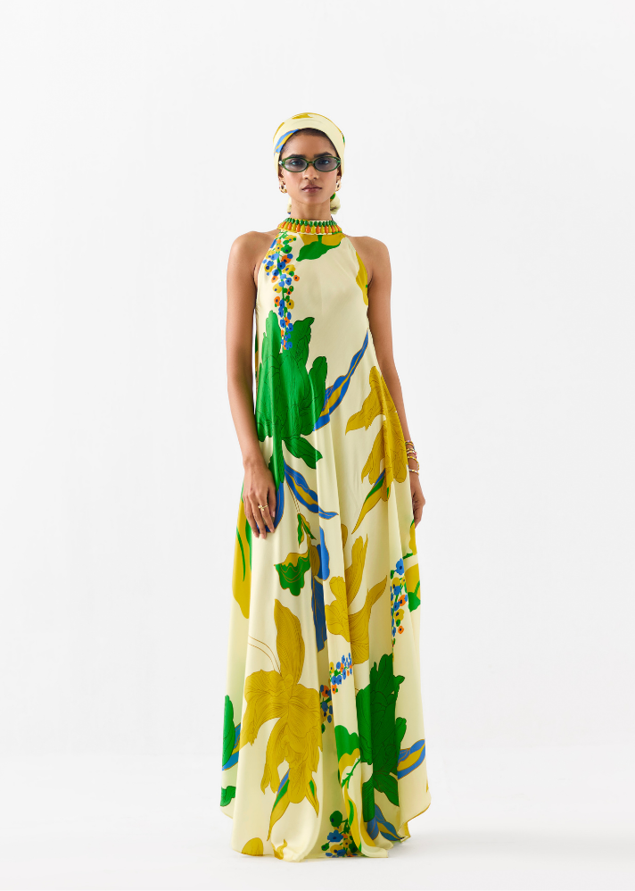 A Model Wearing Multicolor Vegan Silk Yellow Rose Halter Dress, curated by Only Ethikal