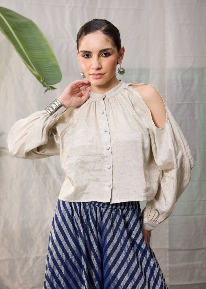 A Model Wearing White  Chanderi Cotton White Liana Top, curated by Only Ethikal