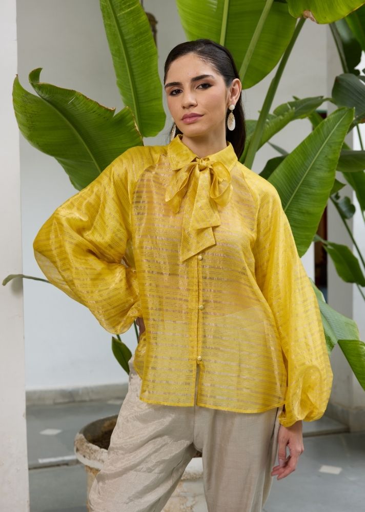 A Model Wearing Yellow  Chanderi Cotton Yellow Phool Top, curated by Only Ethikal