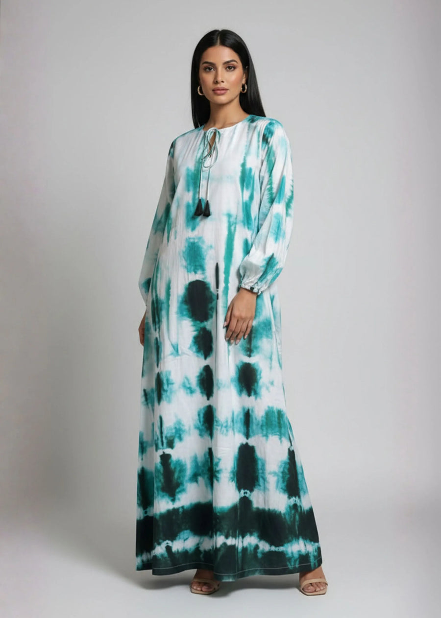 Emerald Tide Shibori Kaftan Dress