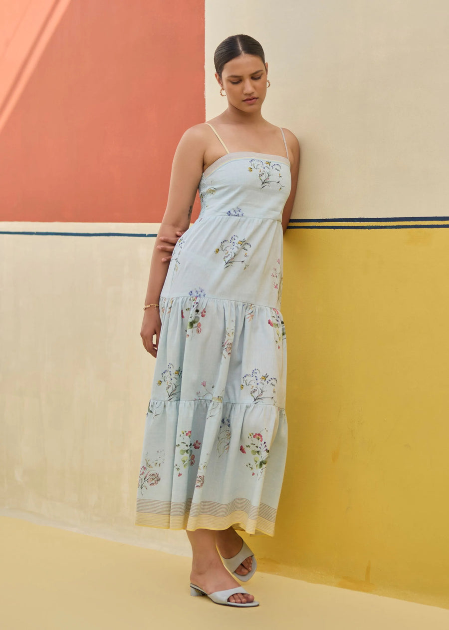 Hena Watercolour Floral Tiered Dress- Sky