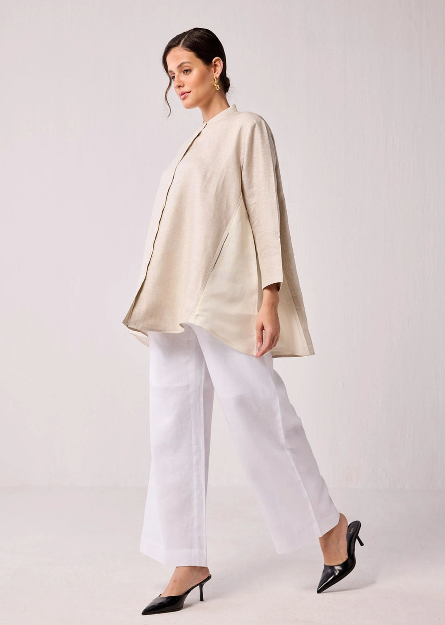 Oversized Long Hemp Shirt With Mandarin Collar In Beige
