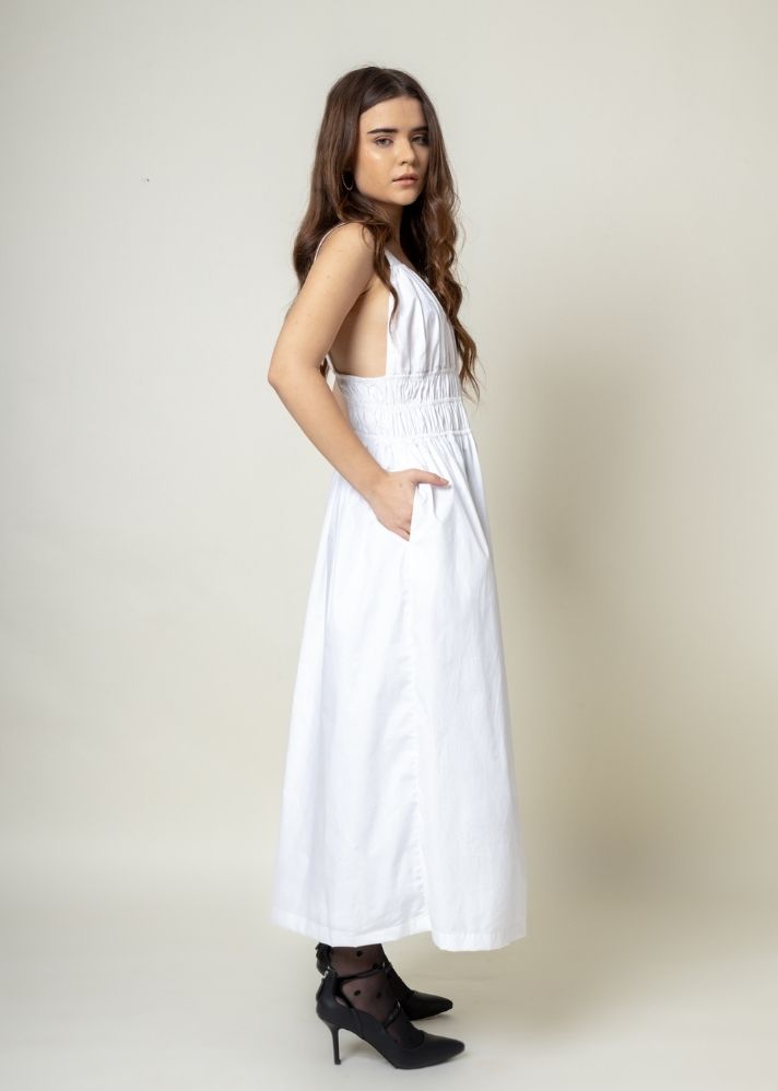 A Model Wearing White Organic Cotton August White Dress, curated by Only Ethikal
