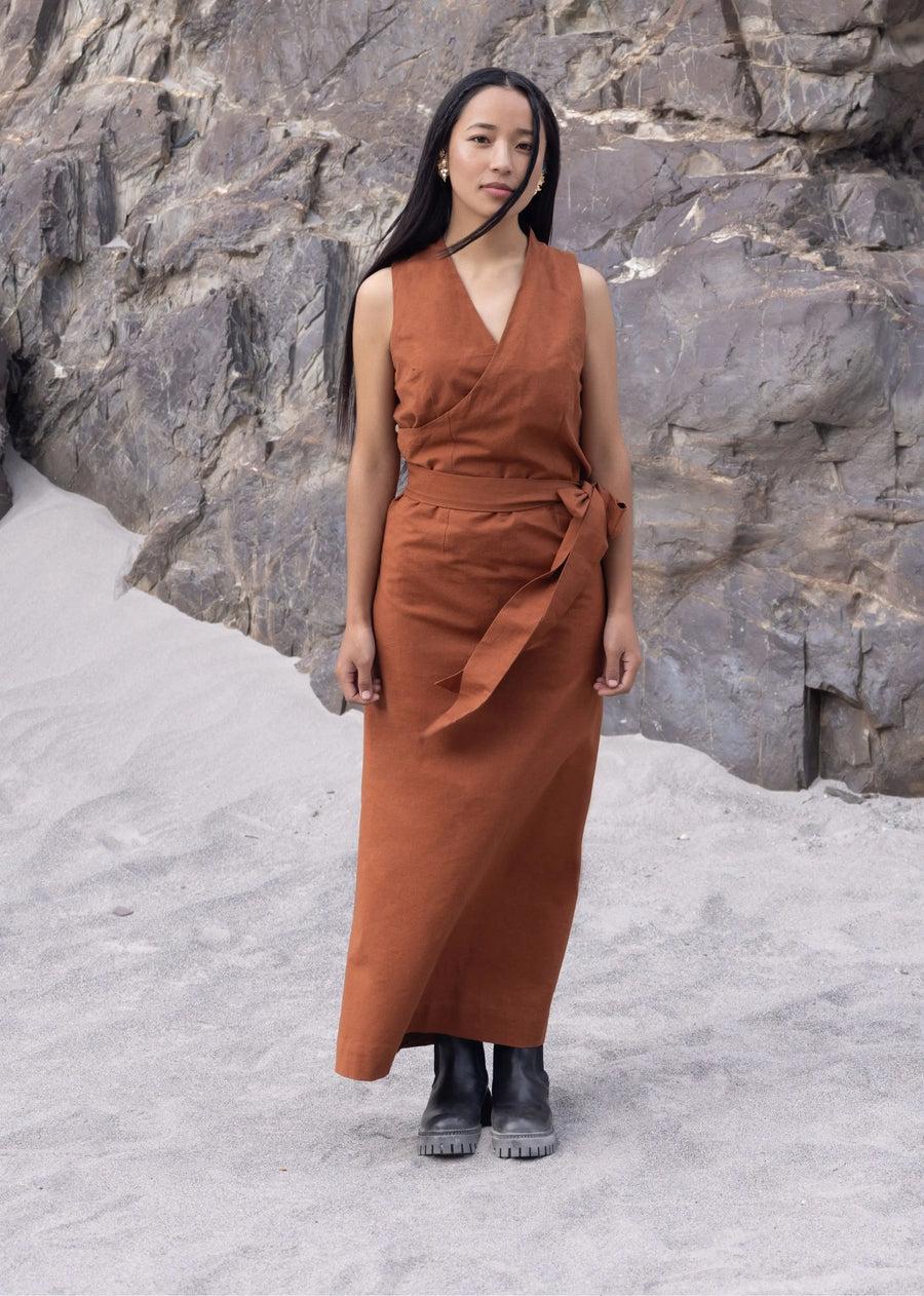 A Model Wearing Brown Cotton Linen Brown Cotton Linen Lhasa Chuba Dress, curated by Only Ethikal