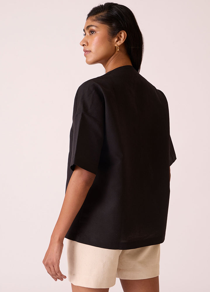 Yuko Black Linen Cotton Top