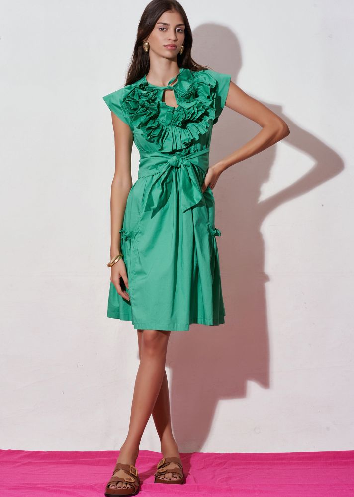 A Model Wearing Green Pure Cotton Eliza Green Dress , curated by Only Ethikal