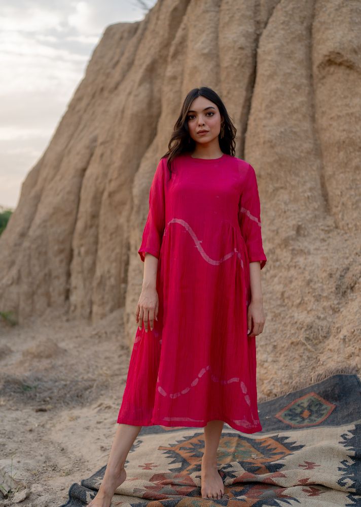 A Model Wearing Pink Chanderi Cotton Pink Kara Dress, curated by Only Ethikal