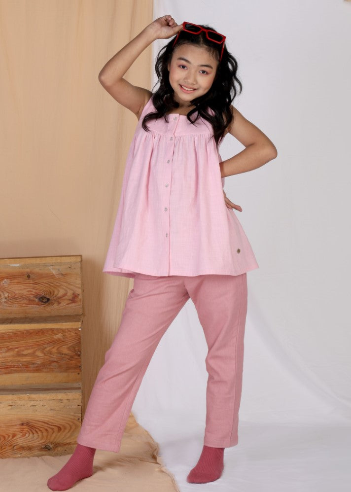 A Model Wearing Pink Cotton Laurel Top & Straight Pants Set, curated by Only Ethikal