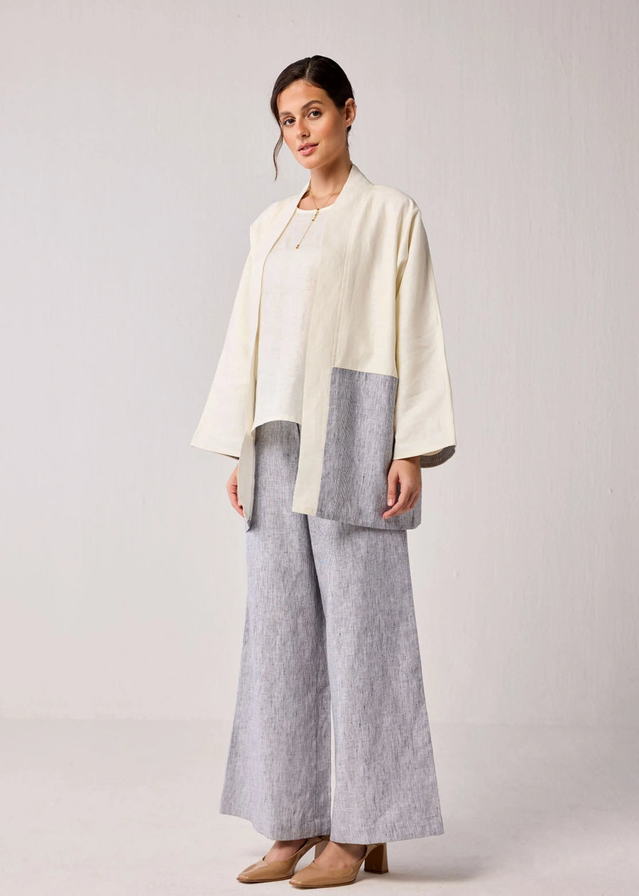 Oversized Hemp Overlay With Kimono Sleeves In Off-White And Pin Stripes