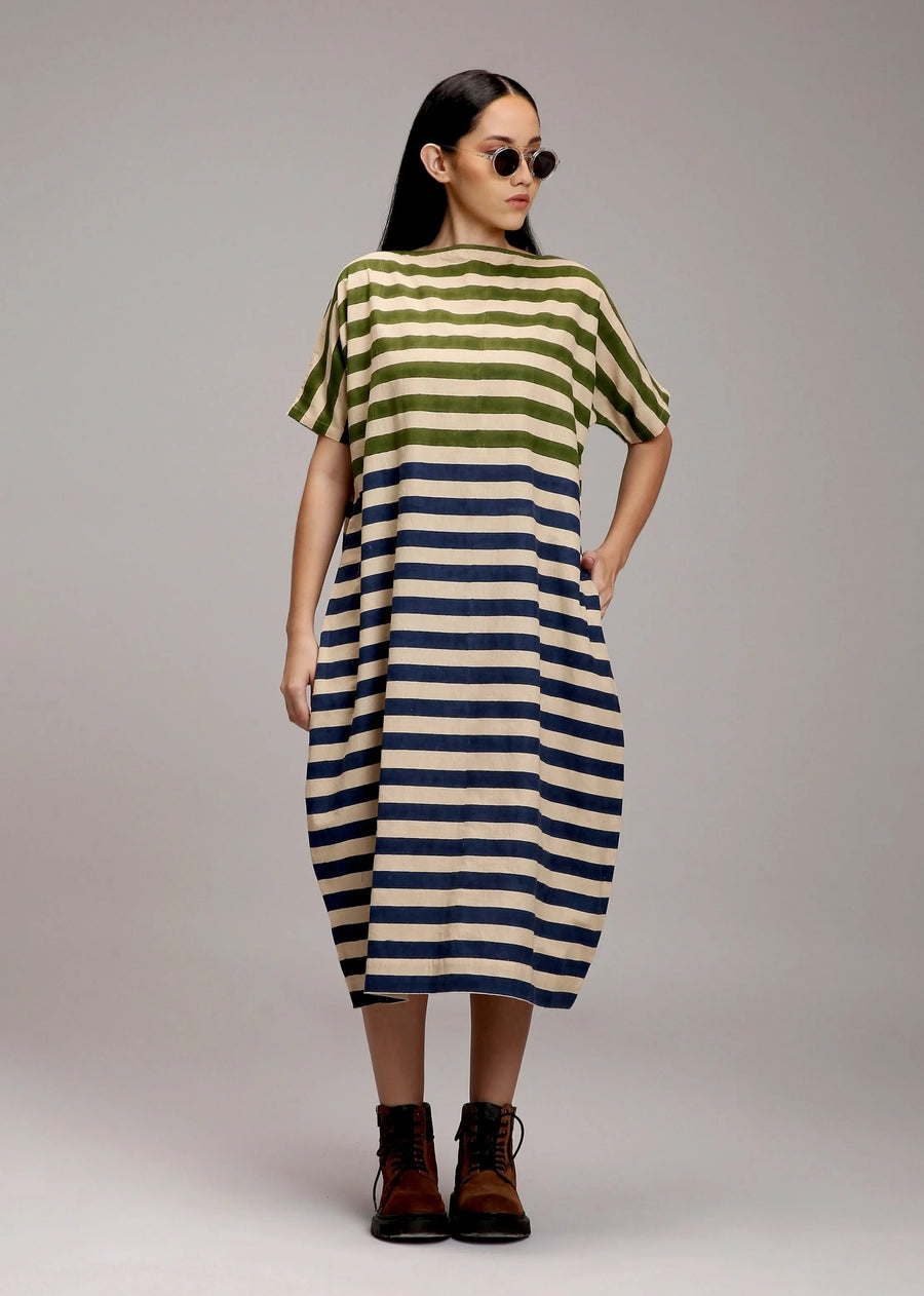 Egg-Shell Green & Blue Dual Striped Dress