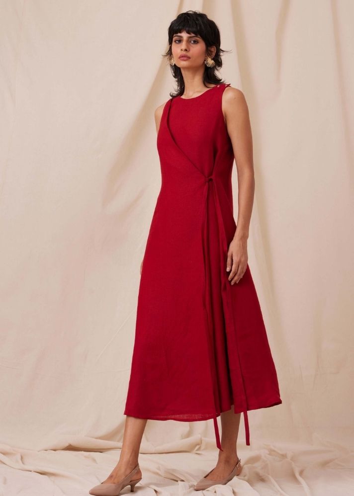 A Model Wearing   Linen Yola Scarlet Linen Dress, curated by Only Ethikal