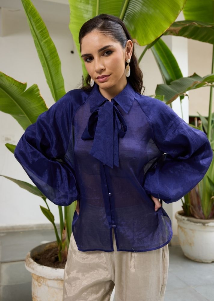 A Model Wearing Blue Chanderi Cotton Blue Phool Top-Ra/Fe/78, curated by Only Ethikal