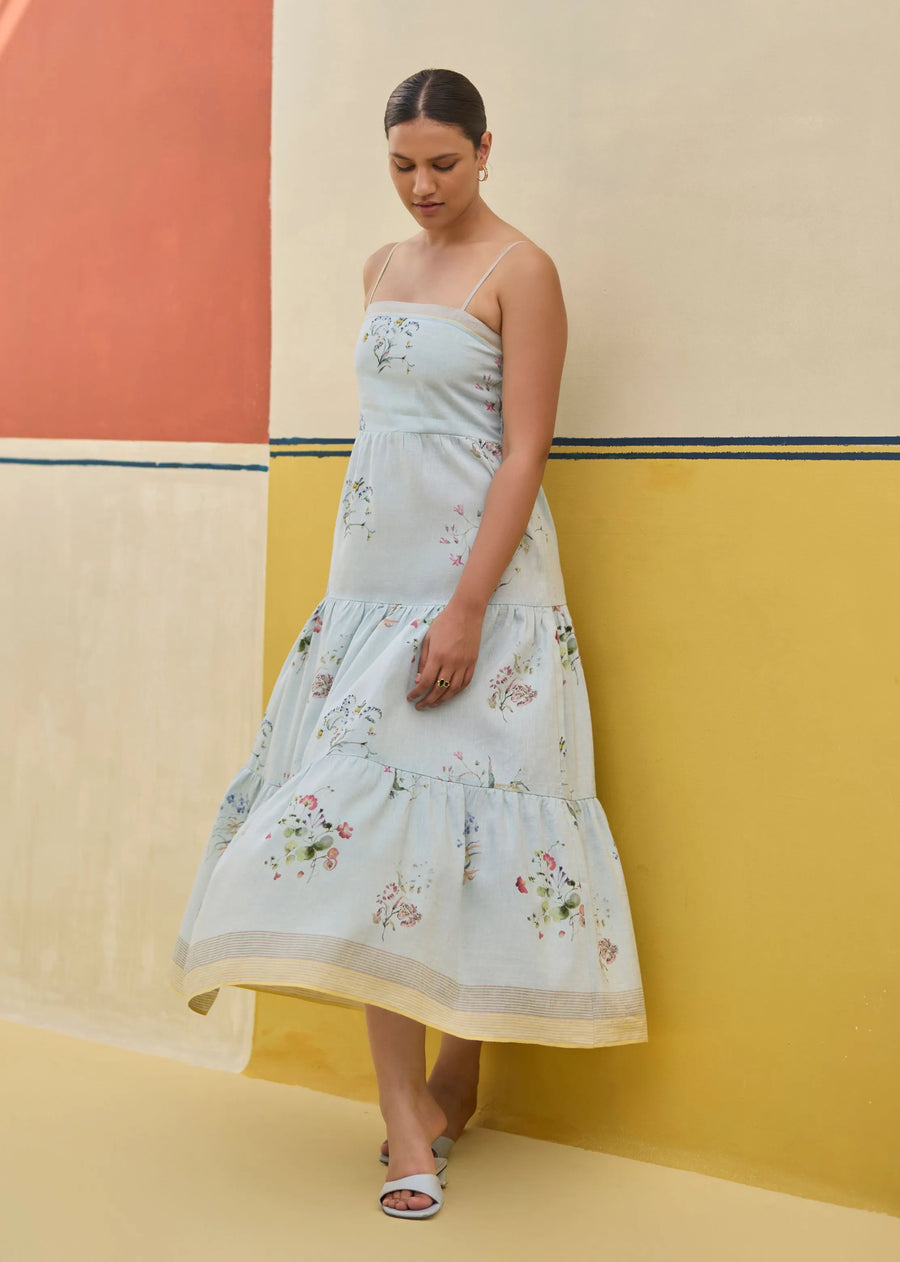 Hena Watercolour Floral Tiered Dress- Sky