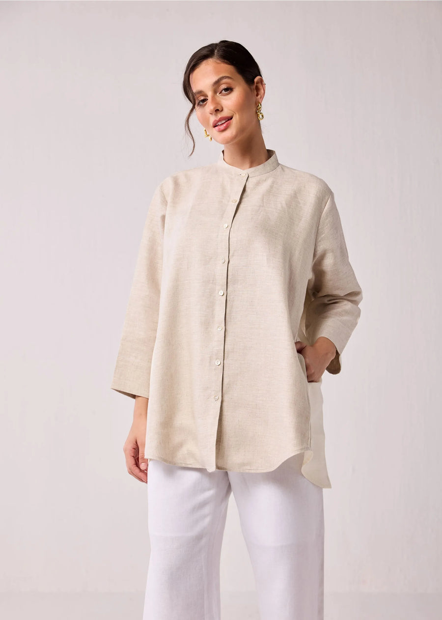 Oversized Long Hemp Shirt With Mandarin Collar In Beige