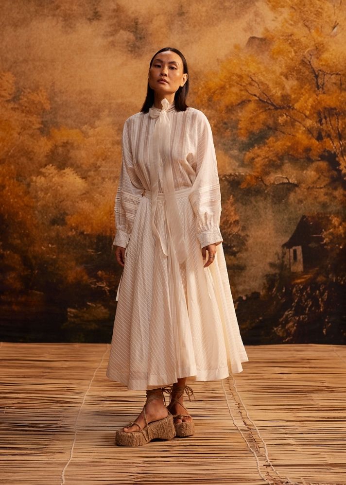 A Model Wearing White Cotton Silk Chanderi Yama-Ori Dolman Shirt With Ribbon, curated by Only Ethikal