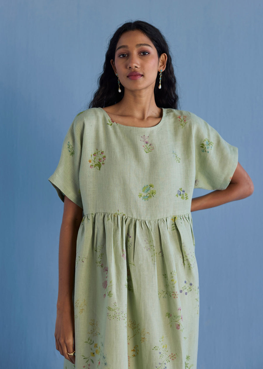 Rasa Floral Printed Sheer Linen Dress - Mint