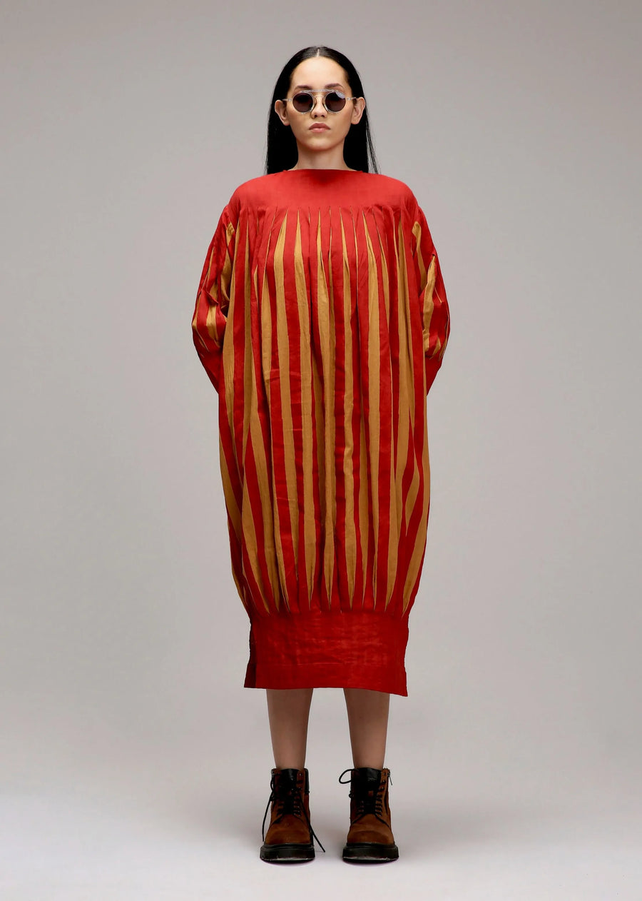 A Model Wearing Multicolor Cotton Tan-Brown Red Striped Balloon Dress, curated by Only Ethikal